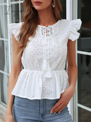 Ingvn - Notched Neck Flutter Sleeve Eyelet Blouse