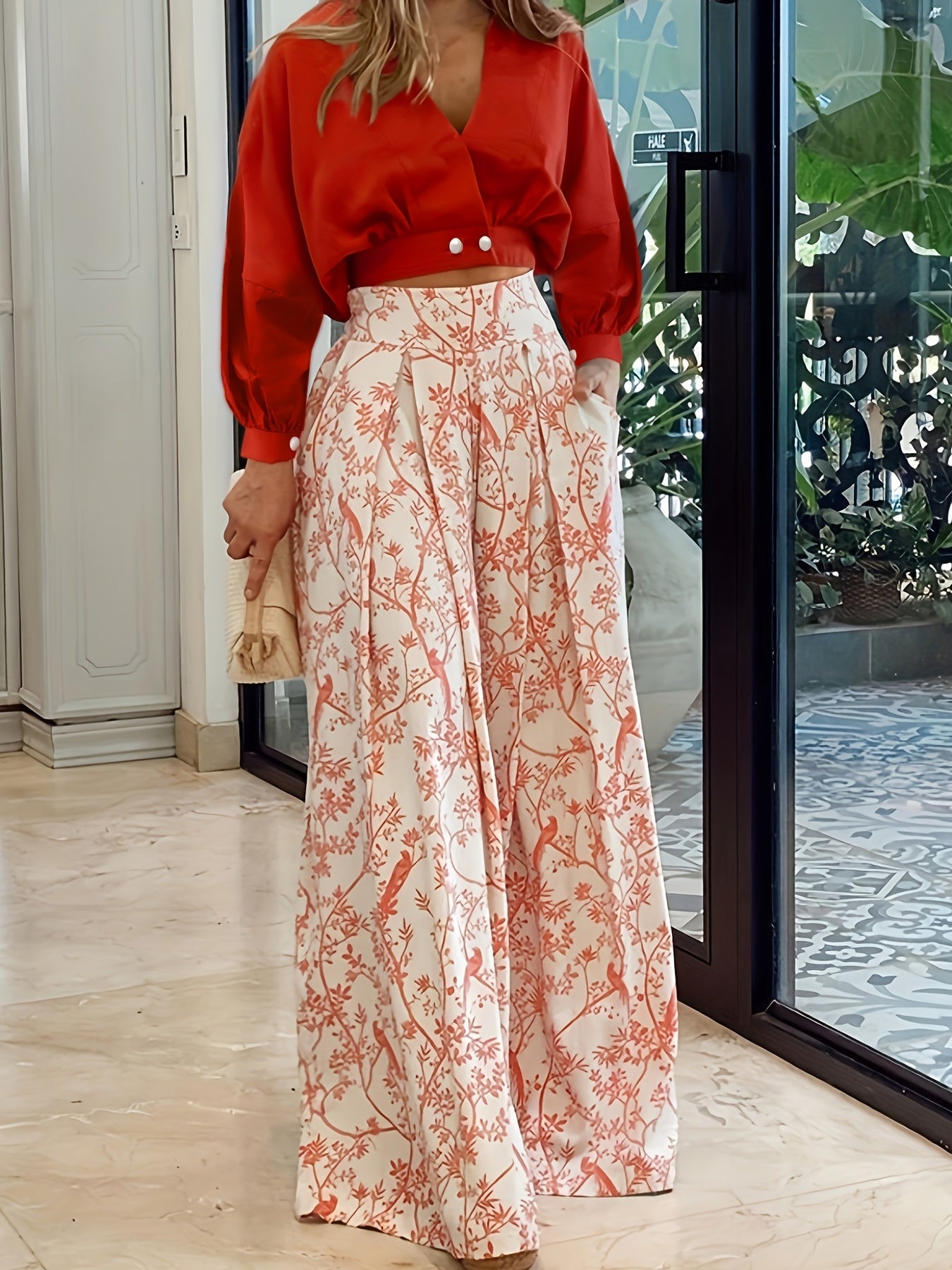 Two-Piece Casual Outfit Set - Surplice Neck Solid Color Top with Adjustable Straps & Wide Leg Floral Print Pants - Comfortable Womens Clothing for Daily Wear
