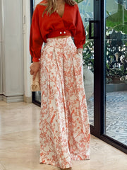Two-Piece Casual Outfit Set - Surplice Neck Solid Color Top with Adjustable Straps & Wide Leg Floral Print Pants - Comfortable Womens Clothing for Daily Wear