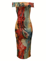 Chic Off-Shoulder Sheath Dress with Abstract Print - Flattering Slim Fit for Spring & Summer - Womens Fashion Essential