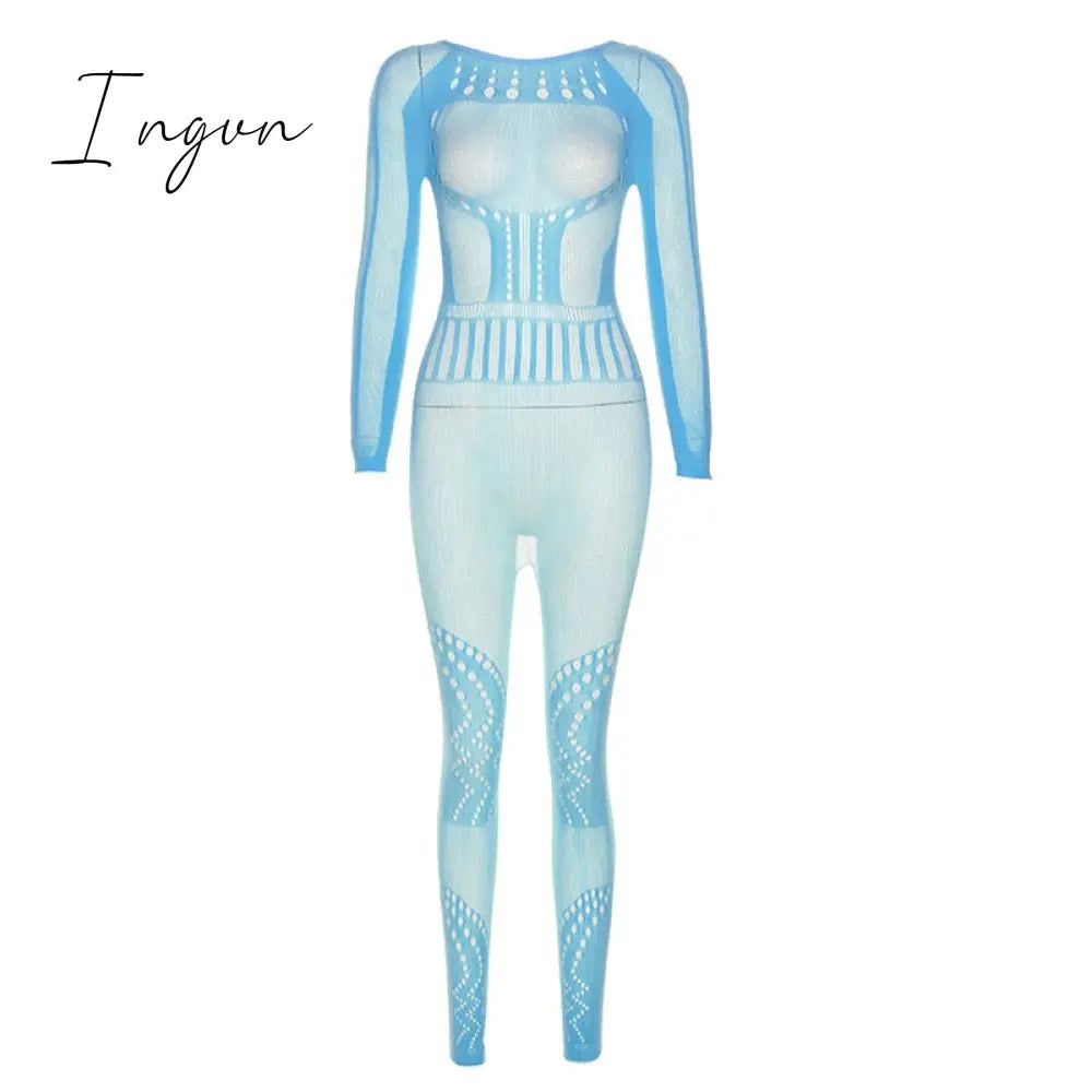 Ingvn - Hollow Out Knitted Mesh Jumpsuits Women Sexy See Through Long Sleeve Hipster Stretchy Skinny Overalls Clubwear Romper