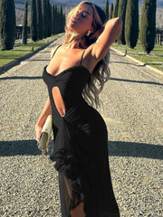 Ingvn  Woman Clothing  Summer Sexy Hollow Out Ruched Mesh Evening Dress Female Sleeveless Irregular Slim Long Party Dresses Pink