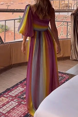 Ingvn - Celebrities Elegant Striped Slit Contrast Oblique Collar Waist Skirt Dresses