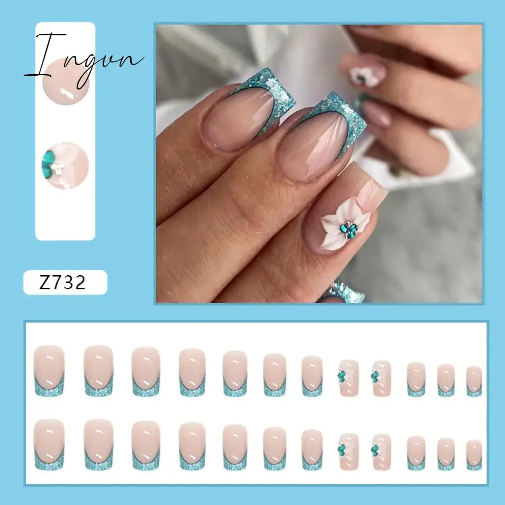 24pcs/Box Gradient Nail Art Patches False Nails Short Square Nail Blue Starry Glitter Teardrop Diamond Fake Nail Tips