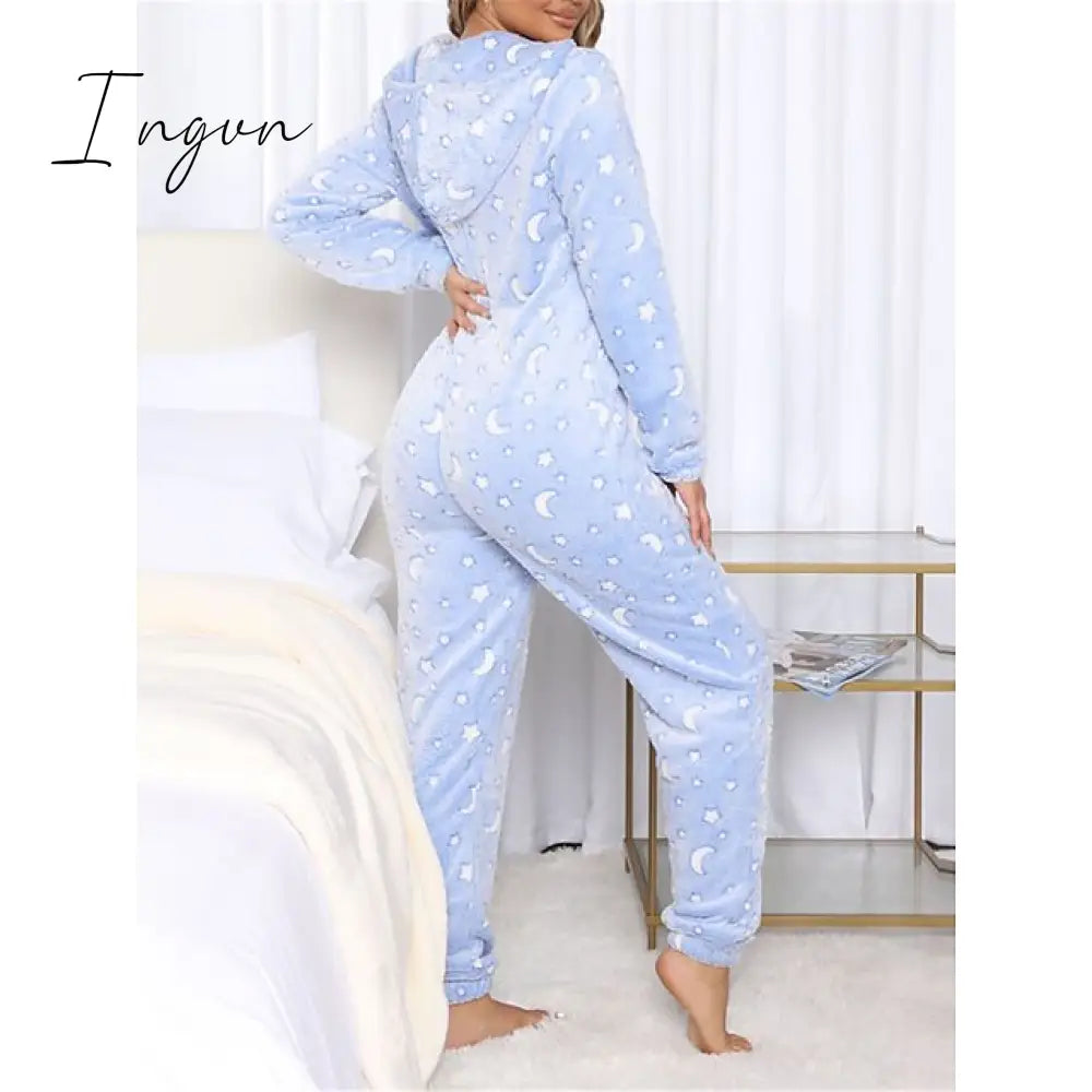 Ingvn - Women's Pajamas Jumpsuit Leopard Star Warm Comfort Plush Home Christmas Flannel Warm Breathable Hoodie Long Sleeve Pocket Fall Winter Leopard Print Moon blue