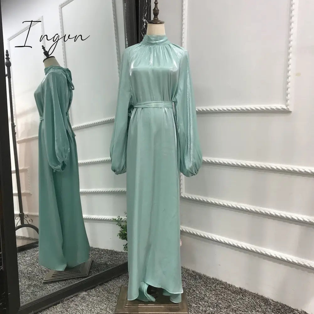 Ingvn - New Morocco Long Dress Muslim Women Flowers Printed Silky Long Abayas Robes Fancy Maxi Dress French Stylish Islamic Dress Belt