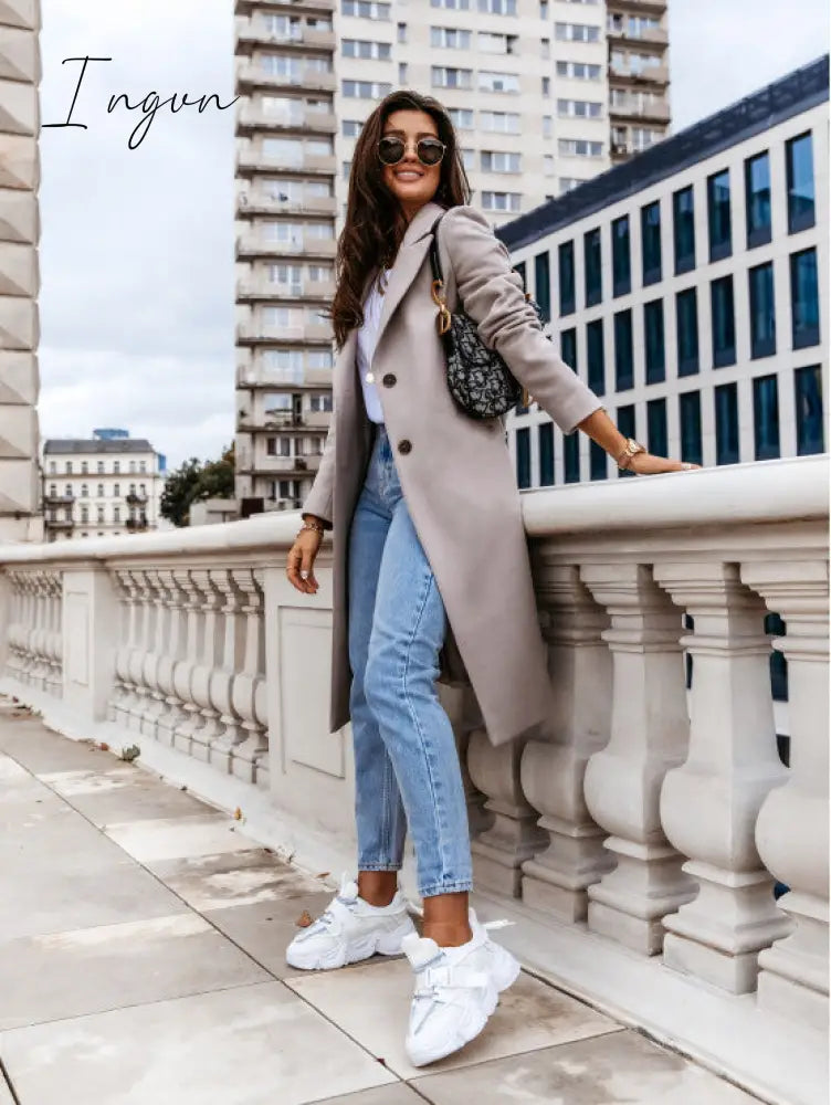 Ingvn - Solid Color Long Sleeve Suit Collar Woolen Coat