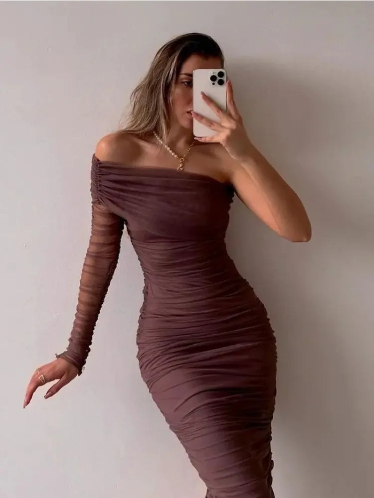 See Through Mesh Midi Dresses For Women Fold Sexy Slim Cocktail Dress Woman Wedding Bodycon Off Shoulder Dress Women's