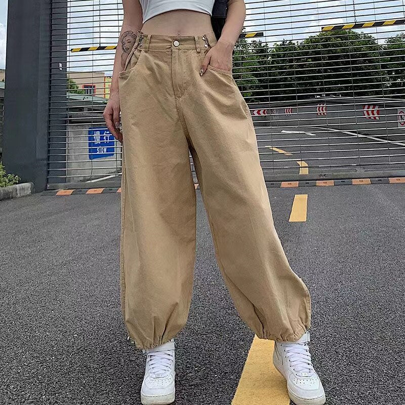 Khaki Oversized Cargo Baggy Pants Y2K Hip Hop Style Loosed  Adjustable Waist Drawstring Long Pant Streetwear 90s Style Clothes