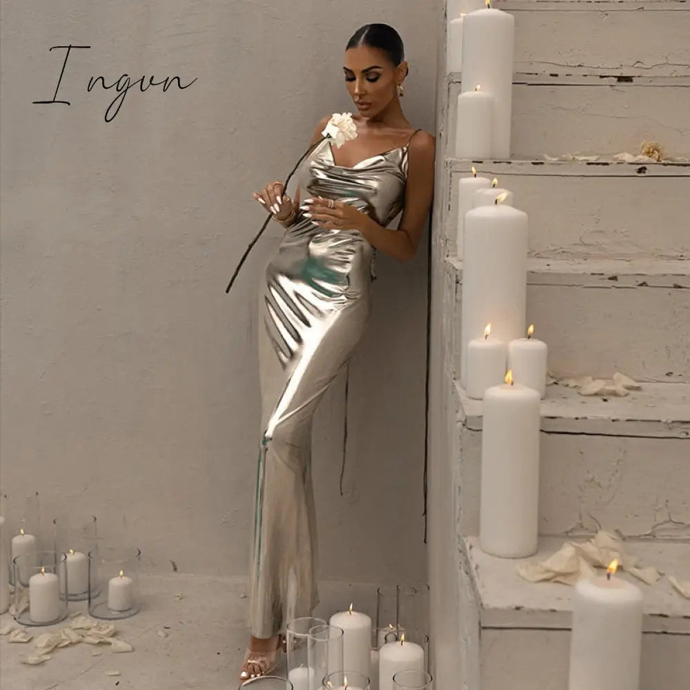 Ingvn - Women Sexy Spaghetti Strap Gold Midi Dress Fashion Wrap Chest Slim Backless Dresses 2023 Summer Party Club Bodycon Vestidos