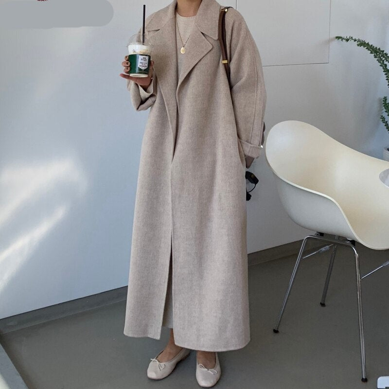 Autumn Winter Thicken Loose Wool & Blend Coats Women Elegant Lapel Full Sleeve Lace-up Oversized Female Outwear