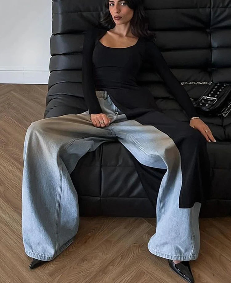 Solid Unique Women Tops Classic Concise Autumn Full Sleeve U-neck Skinny Splited Super-Long Tees Popular New Wild T-shirts