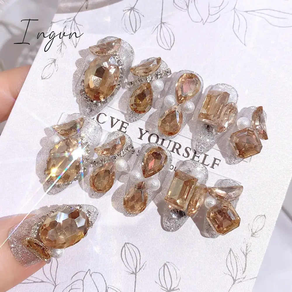 Glitter Fairy Rhinestone False nail Tips for Bride lady Wearable Sweet Crystal Design Press on Nails Mid Length Fake Nail Patch