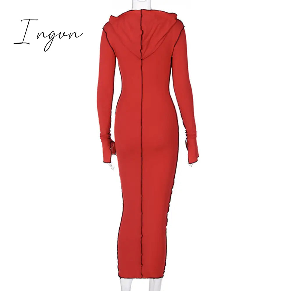 Ingvn - Long Sleeve Hooded Patchwork Skinny Maxi Dress Autumn Winter Women Fashion Streetwear Casual Outfits