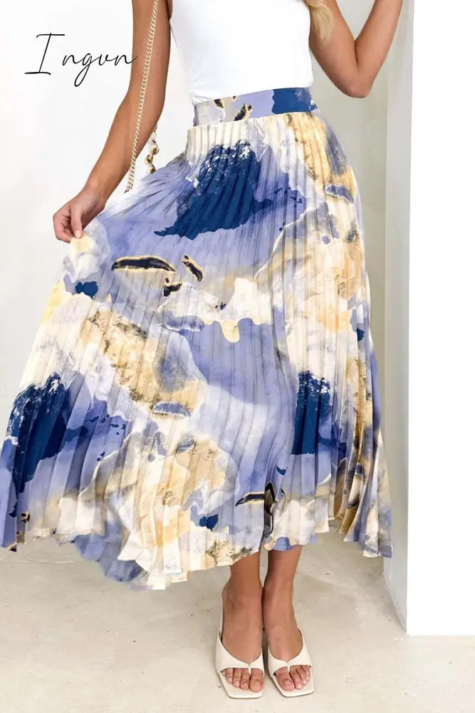 Ingvn- Elegant Gradual Change Print Pleated High Waist Type A Full Print Bottoms