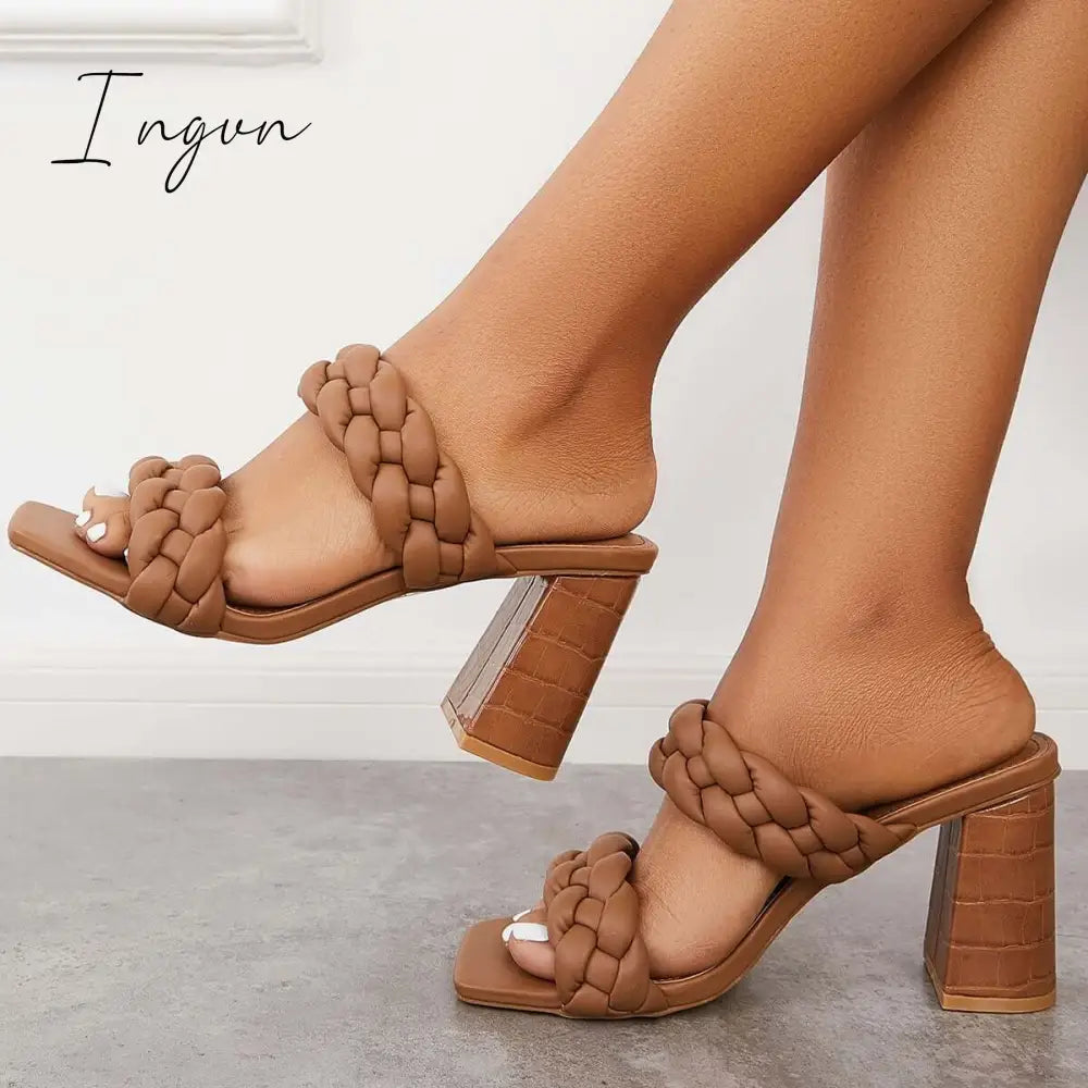 Ingvn - Square Toe Block High Heels Backless Slip on Mule Sandals