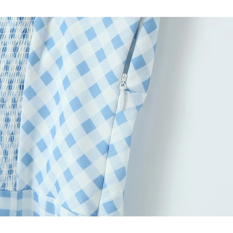 Summer Women Sexy Thin Straps Blue White Plaid Sling Dresses Midi Long Pencil Dress Holiday Robe