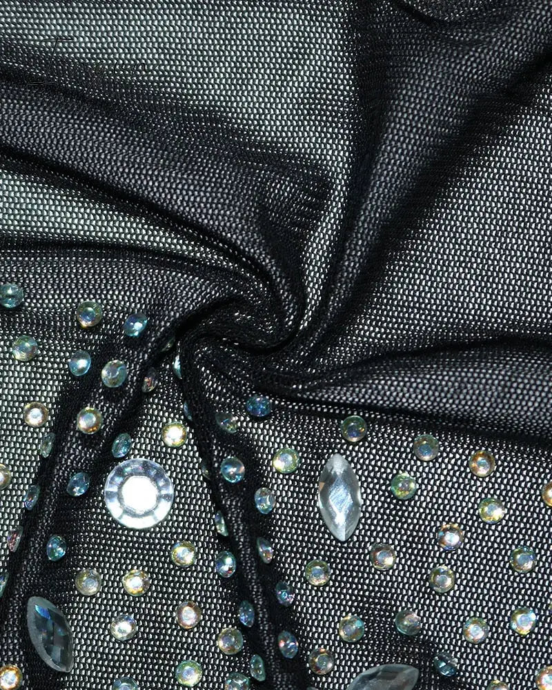 Ingvn - Women Elegant Formal Gown Maxi Dress Female Stylish Long Party Dress Rhinestone Mesh Splicing Evening Dress
