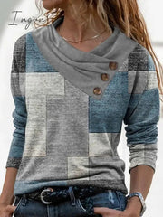 Ingvn - Women's T shirt Tee Red Navy Blue Blue Geometric Abstract Button Print Long Sleeve Casual Weekend Basic Pile Neck V Neck Geometric Painting