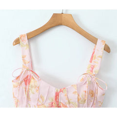 New Women Floral Print Pink Bone Slim Tank Top Pleated Ruffle Hem Summer Corset Crop Top Holiday ropa de mujer