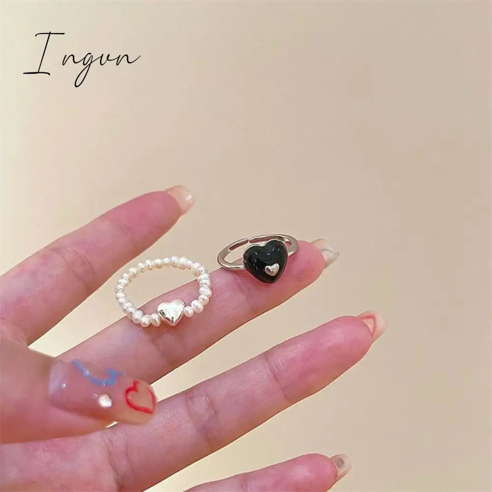 Kpop Vintage Trend Black Heart Open Adjustable Rings Pearl Beaded Ring for Women Aesthetic Jewelry Wedding Gifts Accessories