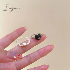 Kpop Vintage Trend Black Heart Open Adjustable Rings Pearl Beaded Ring for Women Aesthetic Jewelry Wedding Gifts Accessories