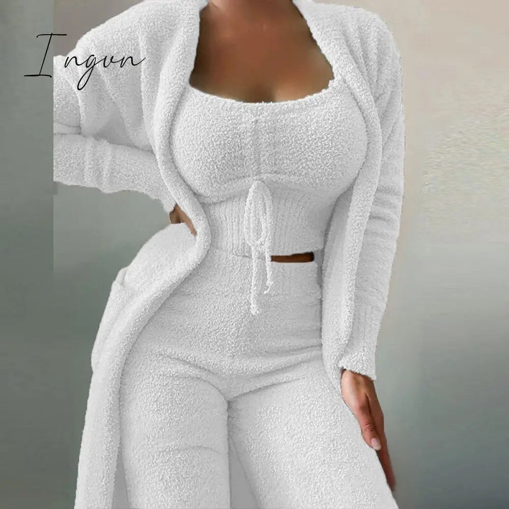 Ingvn - Women Elegant Fleece Soft 3 Piece Suit Fashion Square Collar Drawstring Tops+Long Cardigan Outfits Casual Pajamas Solid Set