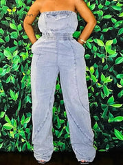 Ingvn - Fashion Women Pocket Front Strapless Sleeveless Denim Wide Leg Jumpsuit 2023 Summer Jean Romper One Piece Set Playsuit