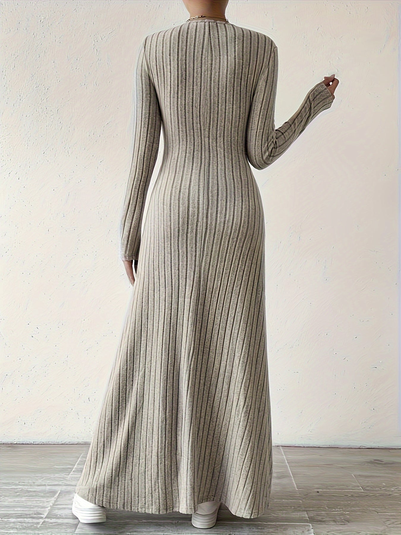 Long Sleeve Ankle Ribbed Crew Neck Sweater Dress for Fall & Winter, Elegant Women's Clothing