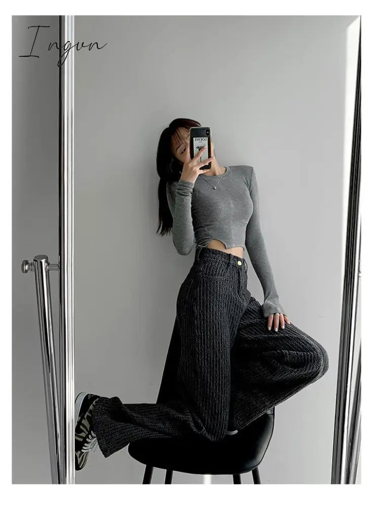 Ingvn - Women Jeans High Waist Casual Streetwear y2k Baggy Office Lady New Fashion Korean Denim Trousers Female Straight Wide Leg Pants
