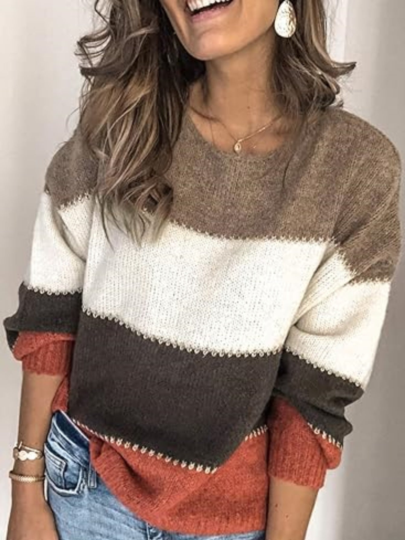 Women's Casual Color Block Knit Sweater - Long Sleeve, Crew Neck Pullover for Fall/Winter, Soft Nylon Blend