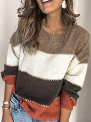 Women's Casual Color Block Knit Sweater - Long Sleeve, Crew Neck Pullover for Fall/Winter, Soft Nylon Blend