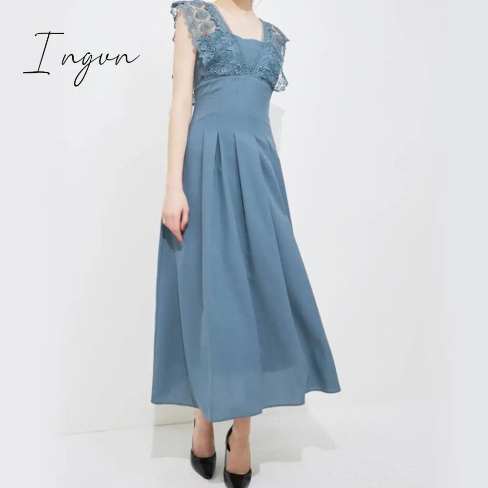 Ingvn - Hot Sales Lace Ruffle Long Dress Patchwork Elegant Vintage High Waist Sleeveless Lace Dot Dresses Woman Summer Sweet Dress New