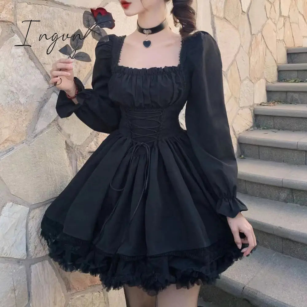 Ingvn - Womens New Trends White Lolita Dress Kawaii Vinatge Long Sleeve Mini Dresses Black Gothic Bandage Lace Patchwork Streetwear Square Collar