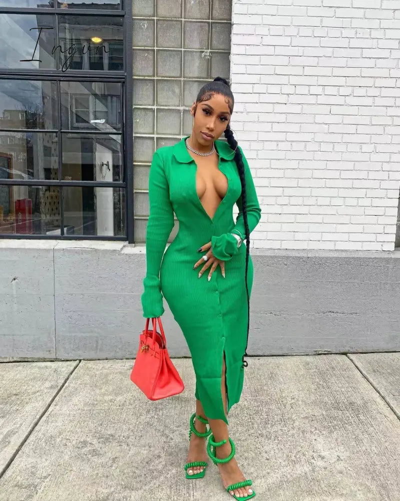 Ingvn - Womens Fashion Long Sleeve Knitted Button Midi Dress Turn Down Collar Slim Sexy Dresses Autumn Ribbed Robe Women Clothing Vestidos