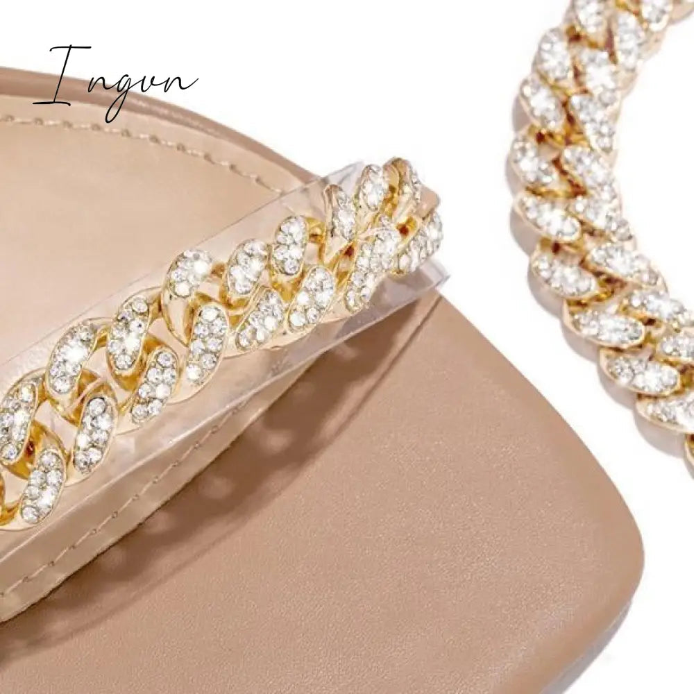Ingvn - Gold-Tone Chain Embellished Ankle Strap Chunky Heels