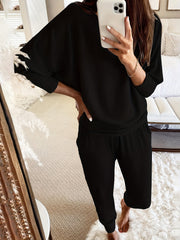 Cozy Womens Ribbed Lounge Set - Soft High-Elasticity Polyester, Crew Neck, Batwing Sleeve, Relaxed Fit, Pockets, Machine Washable, Perfect for Fall and Winter Season