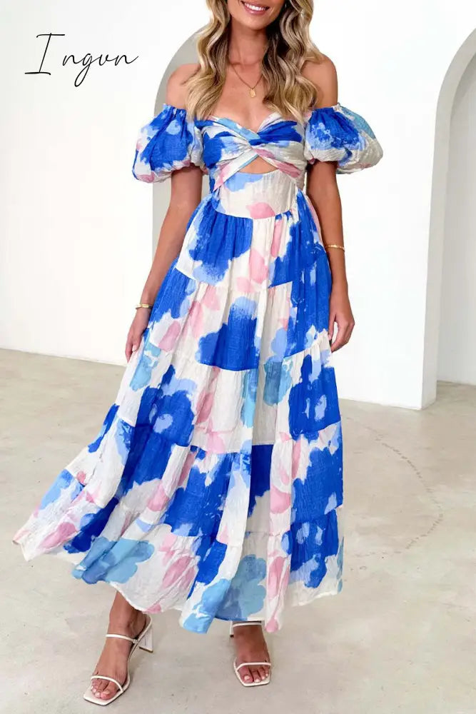 Ingvn - Sweet Elegant Floral Hollowed Out Off the Shoulder Printed Dress Dresses