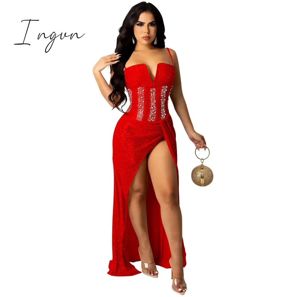 Ingvn - Sheer Mesh Diamonds Sequined Pearls High Split Long Dress For Women Straps Bodycon Long Vestidos Night Party Rhinestone Outfits