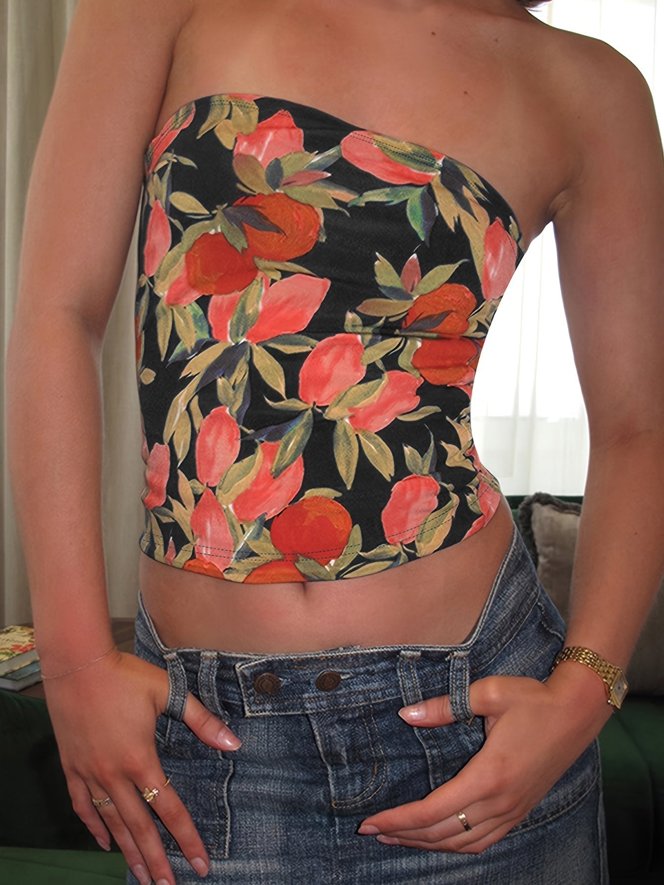 Stretchy Chic Floral Print Tube Top for Women - Backless Design, Polyester & Elastane Blend, Perfect for Spring/Summer/Fall