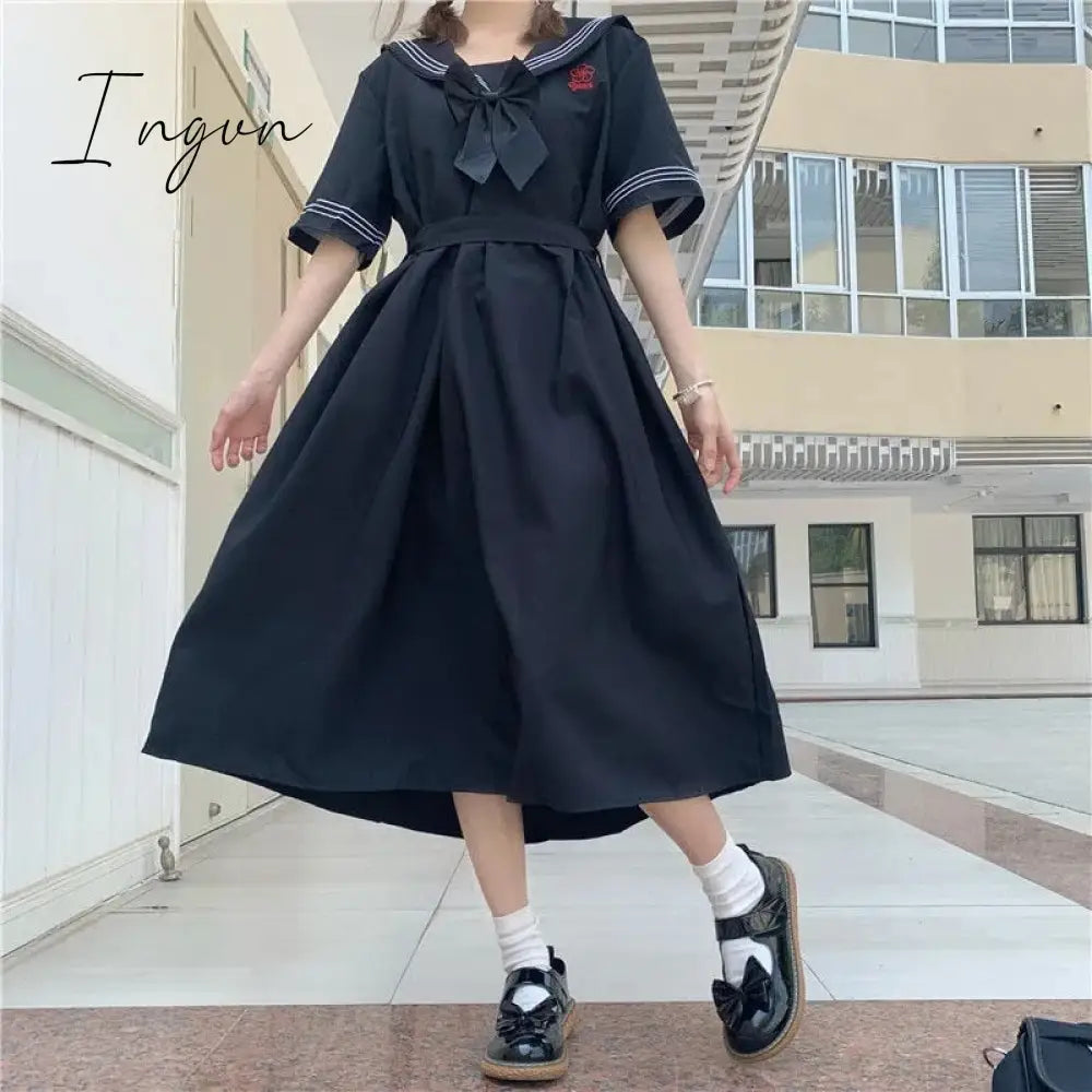 Ingvn - Harajuku Sailor Collar Navy Dress Japanese Lolita Sweet Bow-knot Girl Retro Cotton Kawaii Preppy Style Short Sleeve Dress Women