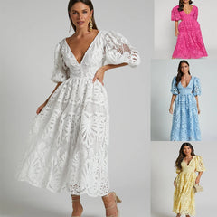 Sexy Hollow Out Long Dress Summer New Arrival V-neck Lace Embroidery Women's Clothing