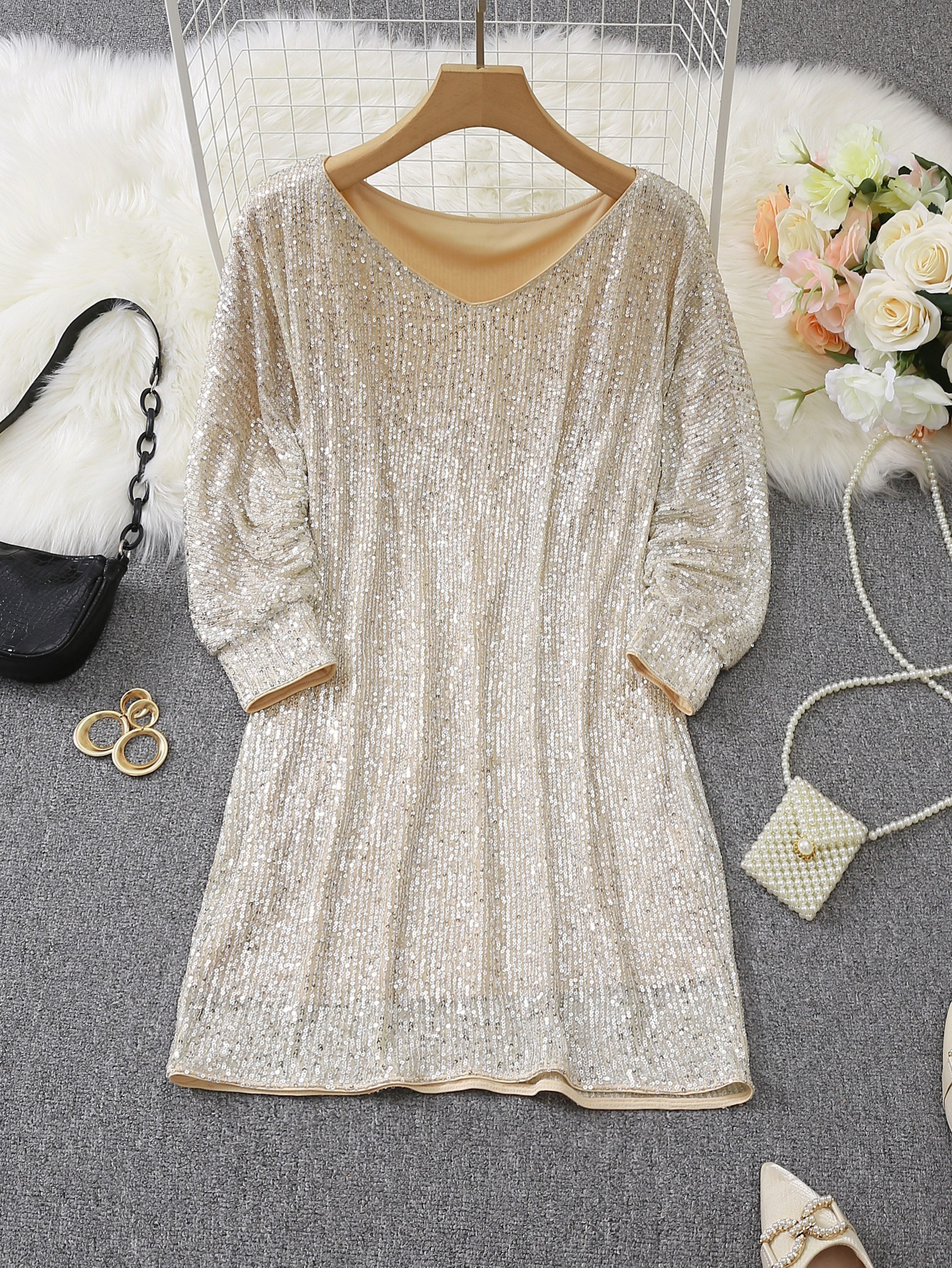 Contrast Sequin Solid Dress, Party Wear V Neck Long Sleeve Dress, Women's Clothing For Party Dressing