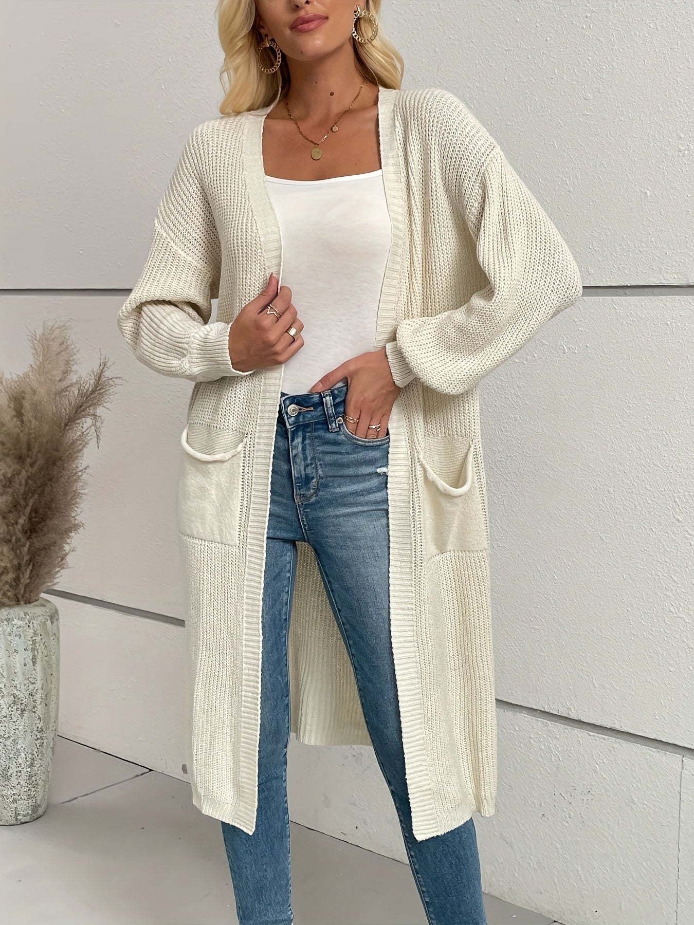 Elegant Warm Knit Cardigan for Women - Solid Color, Long Sleeve & Length, Durable and Cozy for Fall/Winter