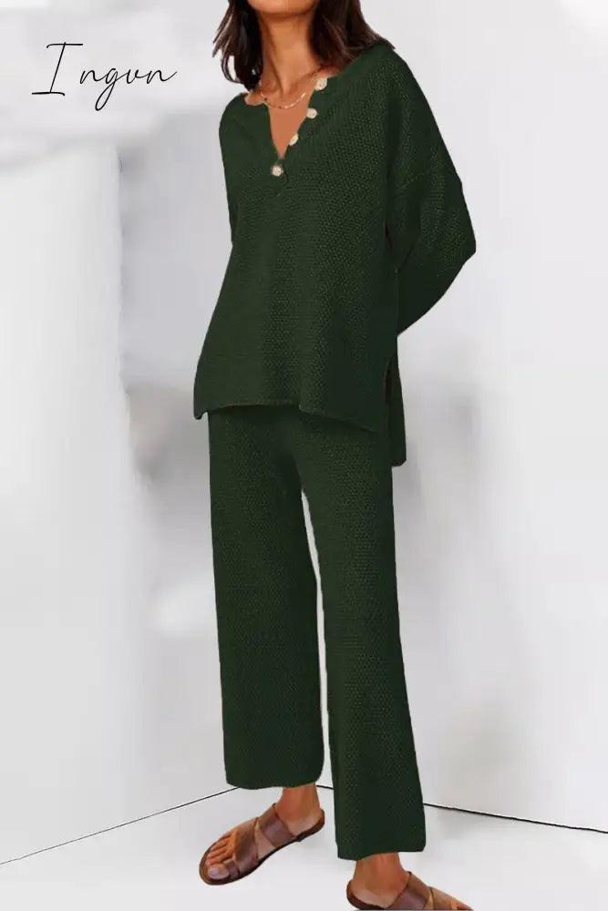 Ingvn - Simplicity Solid Buttons O Neck Long Sleeve Two Pieces