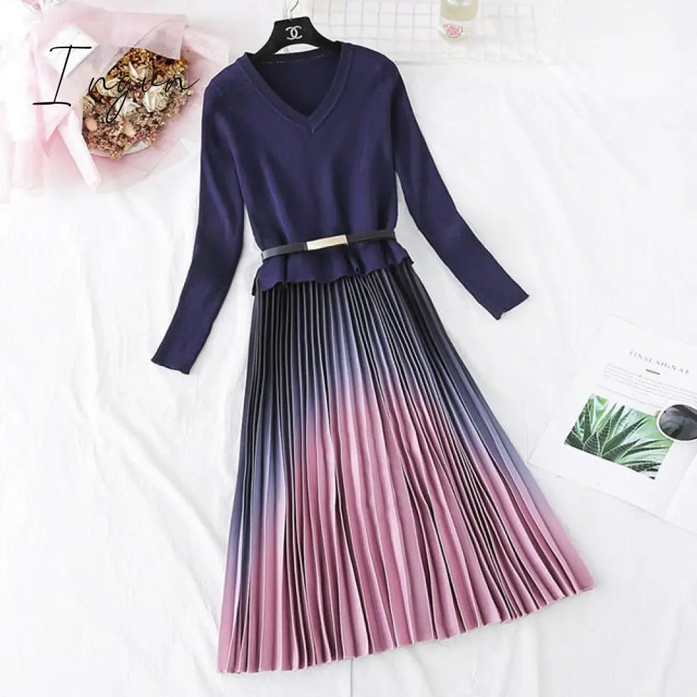 Ingvn - Autumn Winter Elegant Knitted Patchwork Gradient Pink Pleated Dress Women Long Sleeve Office One-Piece Sweater Dress With Belt