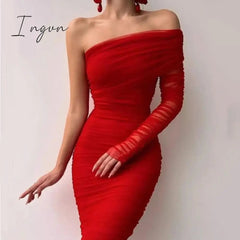 Ingvn - Sexy Diagonal Neck Backless Party Dress Women Fashion One Shoulder Long Sleeve Mesh Dress Elegant Temperament Slim Solid Dresses