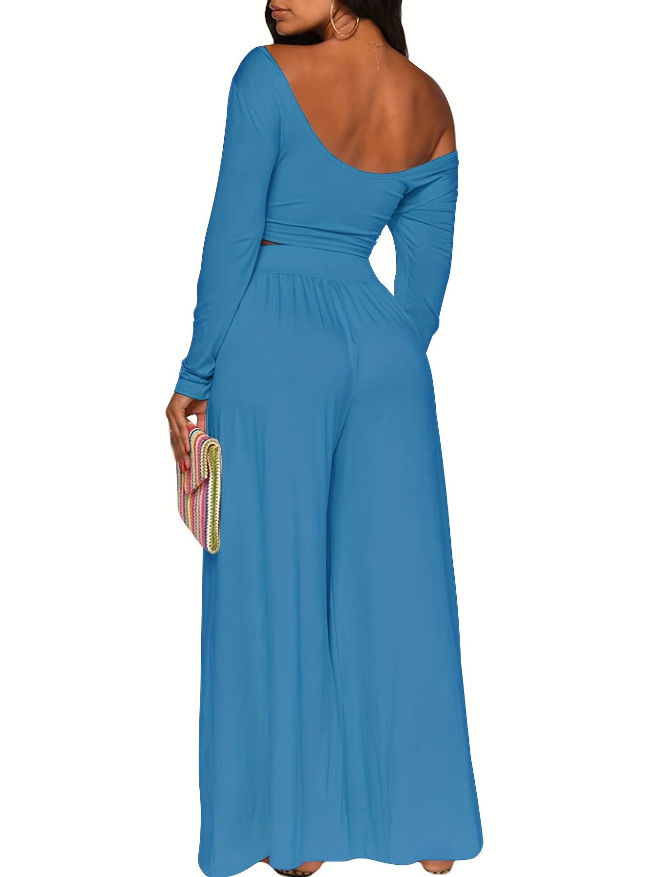 Long Sleeve Two-piece Set, Casual Solid Crop Top & Wide Leg Pants Outfits, Women's Clothing