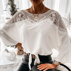Ingvn - New Crochet Embroidery Lace Blouses Women Autumn Sexy Lace Stitching White Shirts Vintage Elegant Ladies Tops Blusas 12459