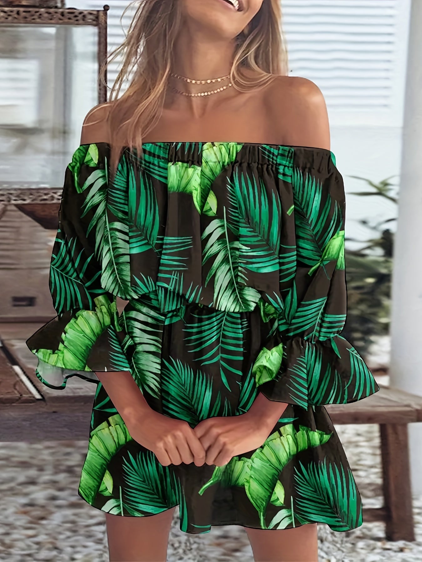 Elegant Summer Boho Dress - Off-Shoulder Leaf Print with Sexy Backless Cut & Playful Ruffles, Durable & Comfort Fit